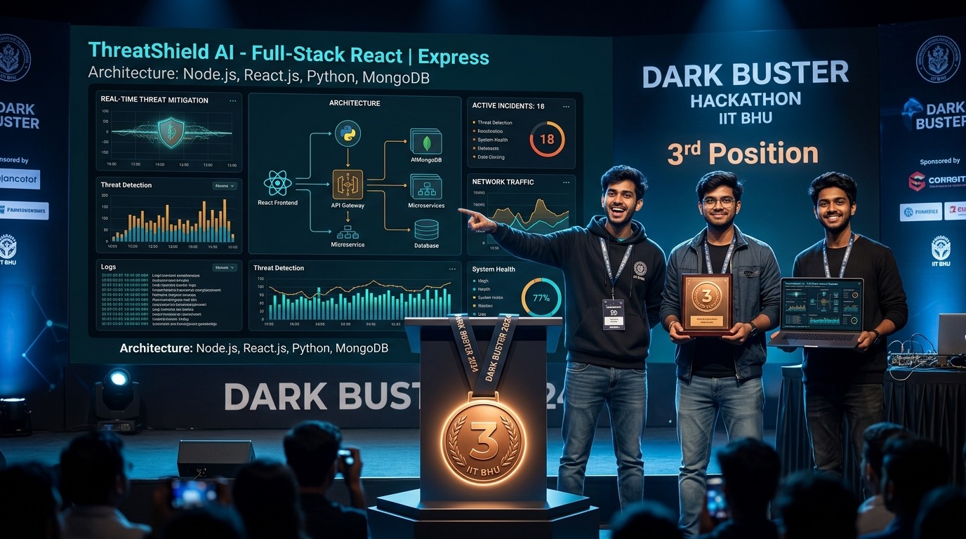 Dark Buster Hackathon at IIT BHU — 3rd Position Podium & System Architecture