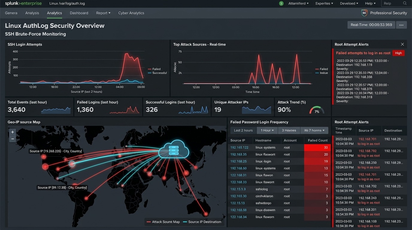 Splunk Linux AuthLog Security Overview & Real-Time Brute-Force Monitoring