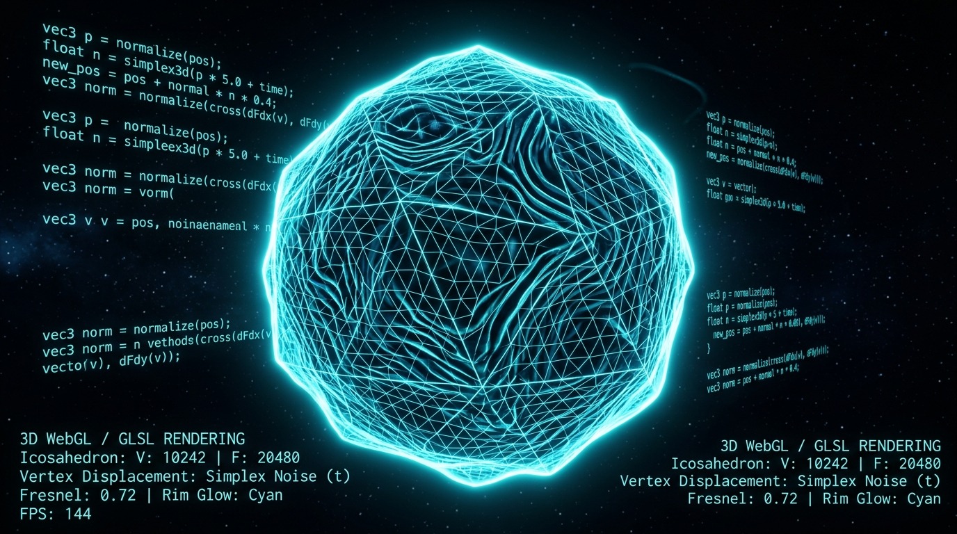 Three.js WebGL Simplex Noise Vertex Displacement & Fresnel Rim Shading